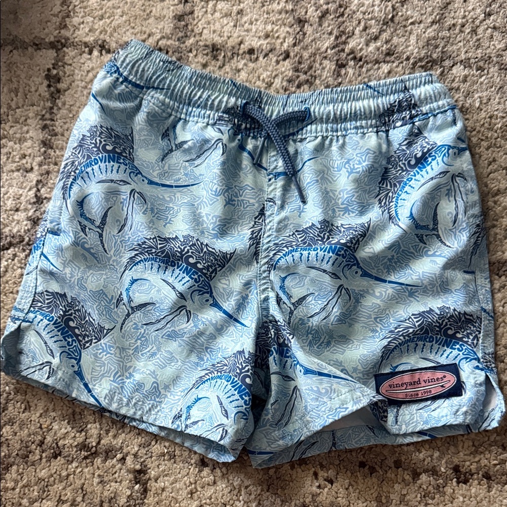 Vineyard Vines Light Blue Marlin Swim Shorts with Navy Accents